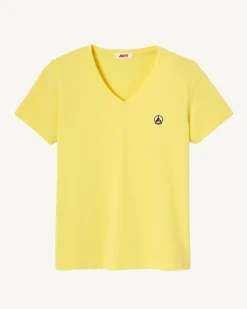 Kleding-JOTT T-Shirt Uni Col V Femme En Coton Biologique Jaune Clair Cancun 627 Soft Yellow