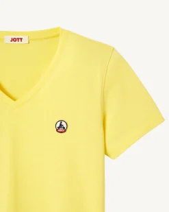 Kleding-JOTT T-Shirt Uni Col V Femme En Coton Biologique Jaune Clair Cancun 627 Soft Yellow