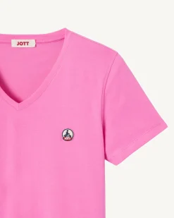 Kleding-JOTT T-Shirt Uni Col V Femme En Coton Biologique Rose Intense Cancun 457 Wild Rose